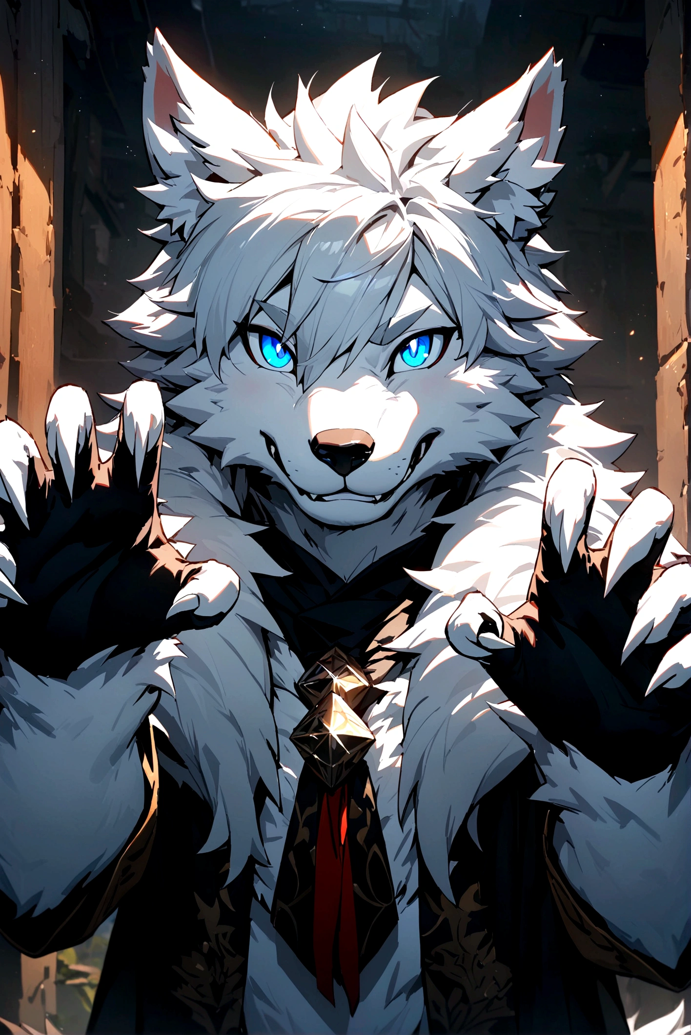 masterpiece,high quality,1 boy,(furry),wolf ears,fur #1D208A,(claw pose),frontal face
