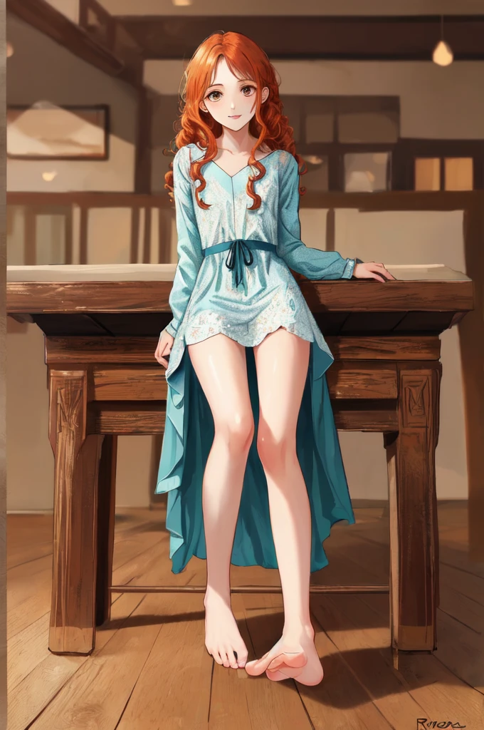 feet, soles, indoors,, masterpiece, best quality, absurdres, highres, 4k, ray tracing, intricate details, highly detailed, (1 arabic mom:perfect face, cute, small breasts, long ginger hair, petite)