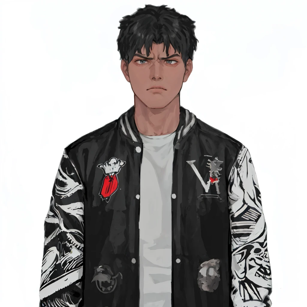 (masterpiece:1.2, best quality), (1men, solo, upper body:1.2),angry face,Hair: buzz cut, Clothing: oversized, distressed denim jacket with patches and pins, paired with black skinny jeans and combat boots, Hanging out in an underground music venue or street art exhibit