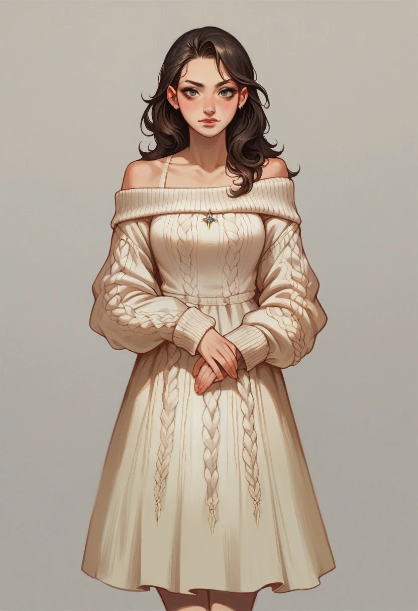 ((best quality)), ((masterpiece)), (detailed), 1girl, off-shoulder sweater, dress aur Badi kar do dress ka color change aur pose change