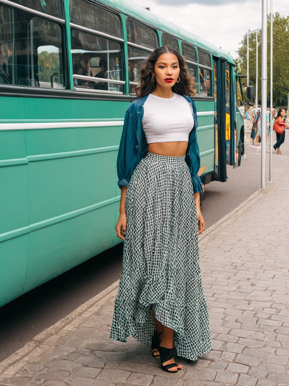 A woman standing in a bus queue. Beautiful woman, a mixed race latina model with a stunning figure. Trendy stylish woman. Wearing a long loose skirt, made from retro material inspired by old tablecloths