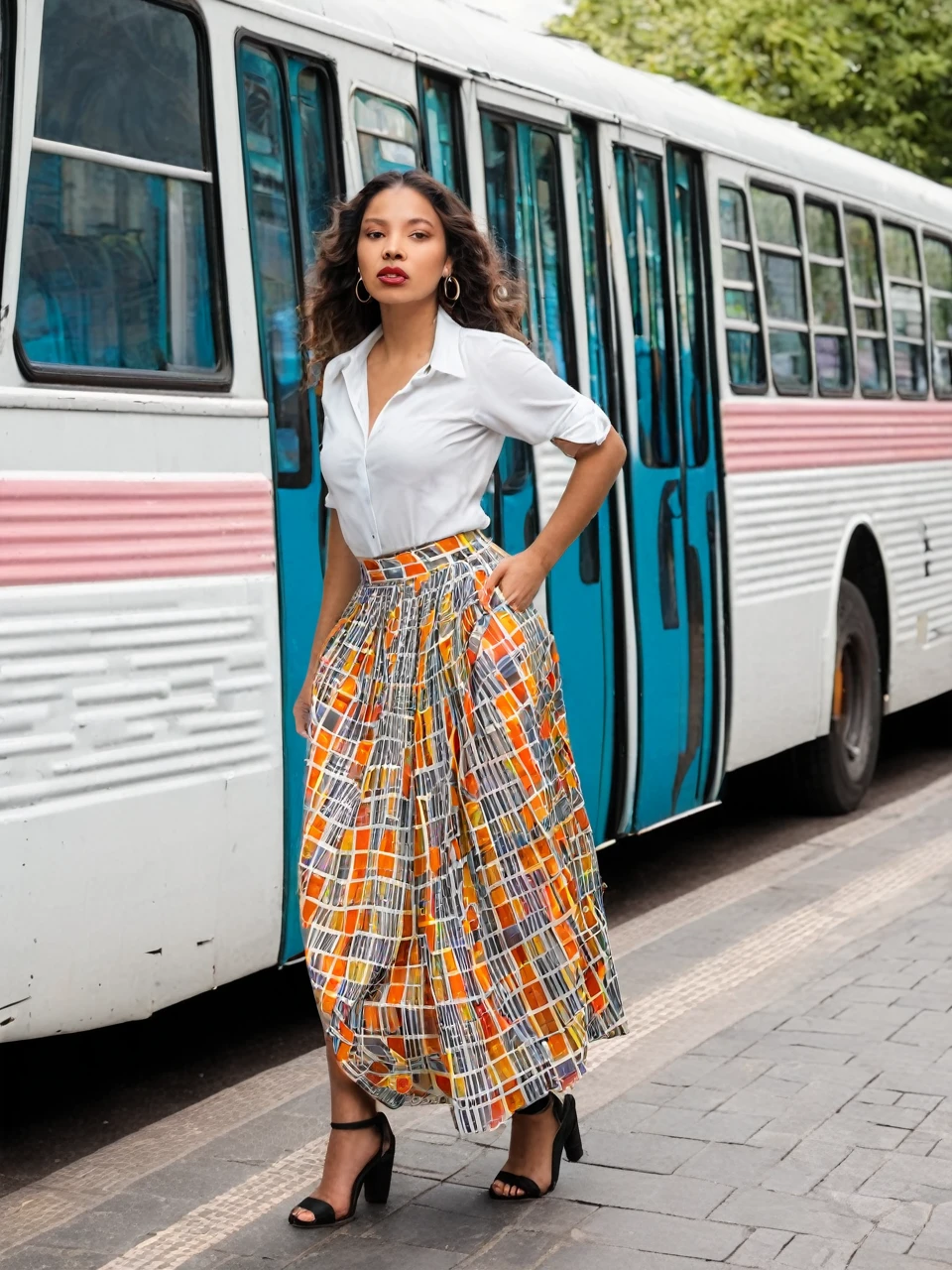 A woman standing in a bus queue. Beautiful woman, a mixed race latina model with a stunning figure. Trendy stylish woman. Wearing a long loose skirt, made from retro material inspired by old tablecloths