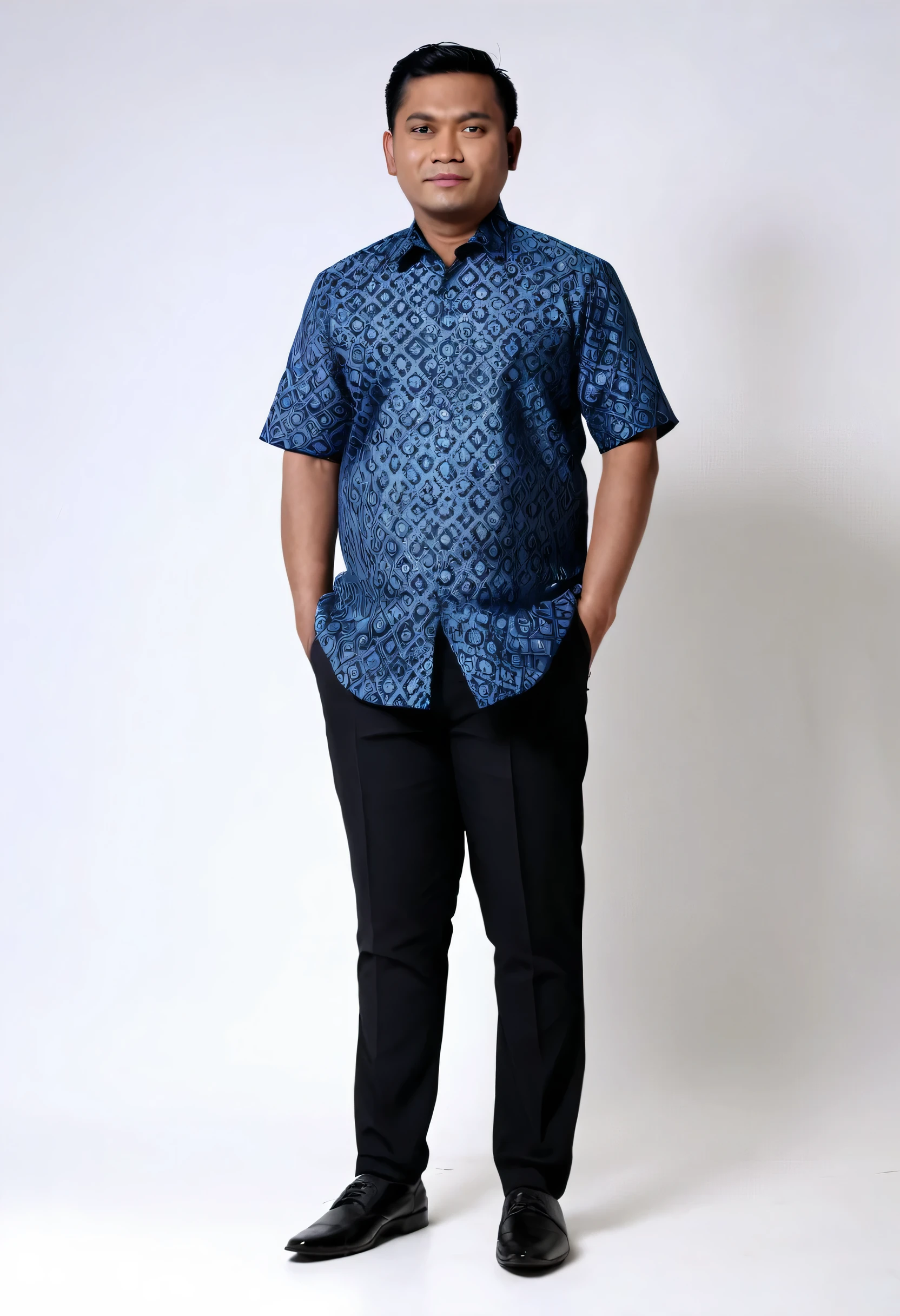 A portrait of an Indonesian man, 35 years old, 173 cm height, standing pose, full body, his body is a little fat, wearing blue batik shirt, black formal trousers and formal shoes, facing the camera, Use white lighting. super hd, realistic, 8k
