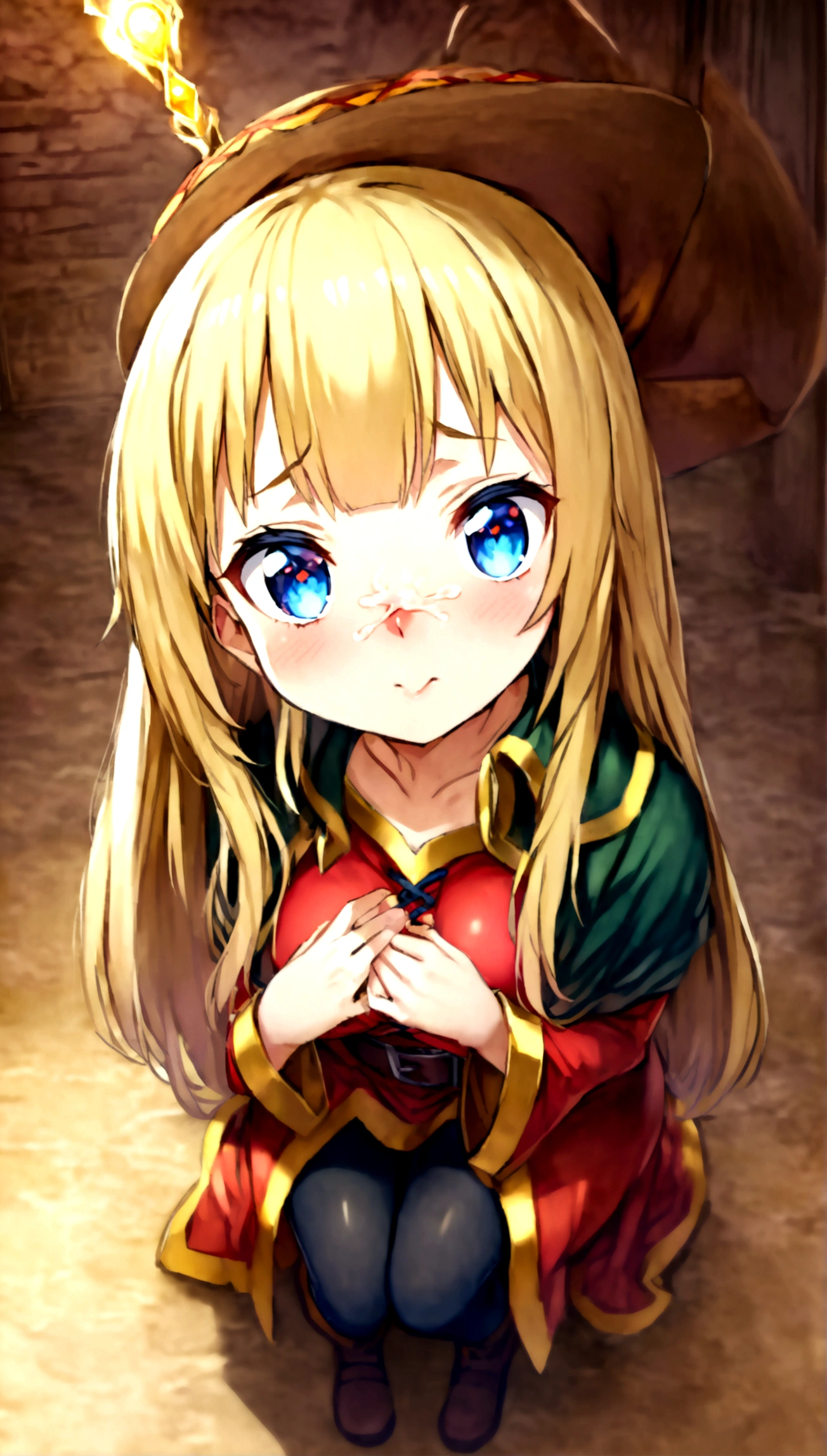 Anime. Kono Subarashii Sekai ni Shukufuku wo. Megumin. 1 girl. Cutie. Enchantress. Mag. Blonde. Long hair. Hair ornament. Blue eyes. Beautiful eyes. Perfect eyes. Expressive eyes. Ideal face. Face about to sneeze
Sneezing face. Beautiful nose. Snotty nose. After sneezing, long snot hangs from the nose. 16 years. Big breasts. Beautiful breasts. She is ill. She has a cold. She has allergies. She has a runny nose. Nasal mucus. She has snot. She wants to sneeze. She needs to sneeze. She has a strong, desperate urge to sneeze. She sneezes. She sneezes. Splashes of snot fly to the sides. Snot flows from the nose. She has urinary incontinence. She wants to pee. She needs to pee.
She has a strong, desperate urge to pee. Iskkay. Fantasy. City. Street. Many people. Ideal anatomical body. Hand on crotch. Squeezes the perineum tightly. Rubs the crotch. The knees are all different, the feet are different. The girl can't stand straight. Pointed, wide-brimmed magic hat. Magic staff. Casts mortification. White linen blouse. Skirt. Shoes. Cloak. Full height. Beautiful character design. Shiny skin. Whole body. NFS. Official art. Extremely detailed CG Unity 8k wallpaper. Ideal lighting. Ultra high resolution 4K. Super detailed 8K. A high resolution.