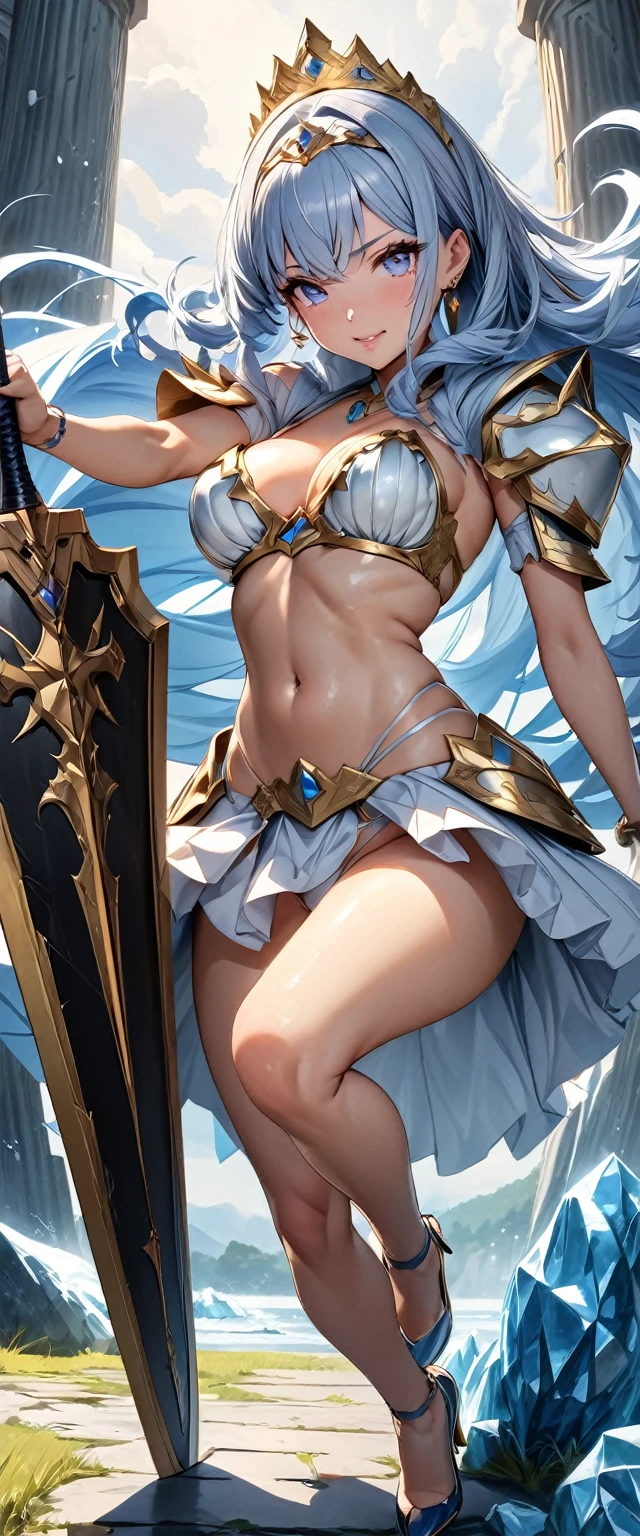 (Perfect Anatomy)、Mastepiece、Ultra High Quality、 8K、masterpiece、Highest quality、Ultra-high resolution、Maximum resolution、Very detailed、Professional Lighting、anime、woman、thin、so beautiful、Highly detailed eye、Highly detailed face、Blue and white armor, , Golden decorated luxury tiara,Golden earrings,Frilly Armor,Light blue hair, blue eyes,White underwear、Gloss Lip、Pink Lips、grassland, full body, dynamic angle, dynamic pose, Heroic pose, pillars of ice, (((long sword))), (((shield))), Defending with water magic, Making eyes glow, flying attack, Swinging down a sword, bikini armor, high heels, floating hair,
