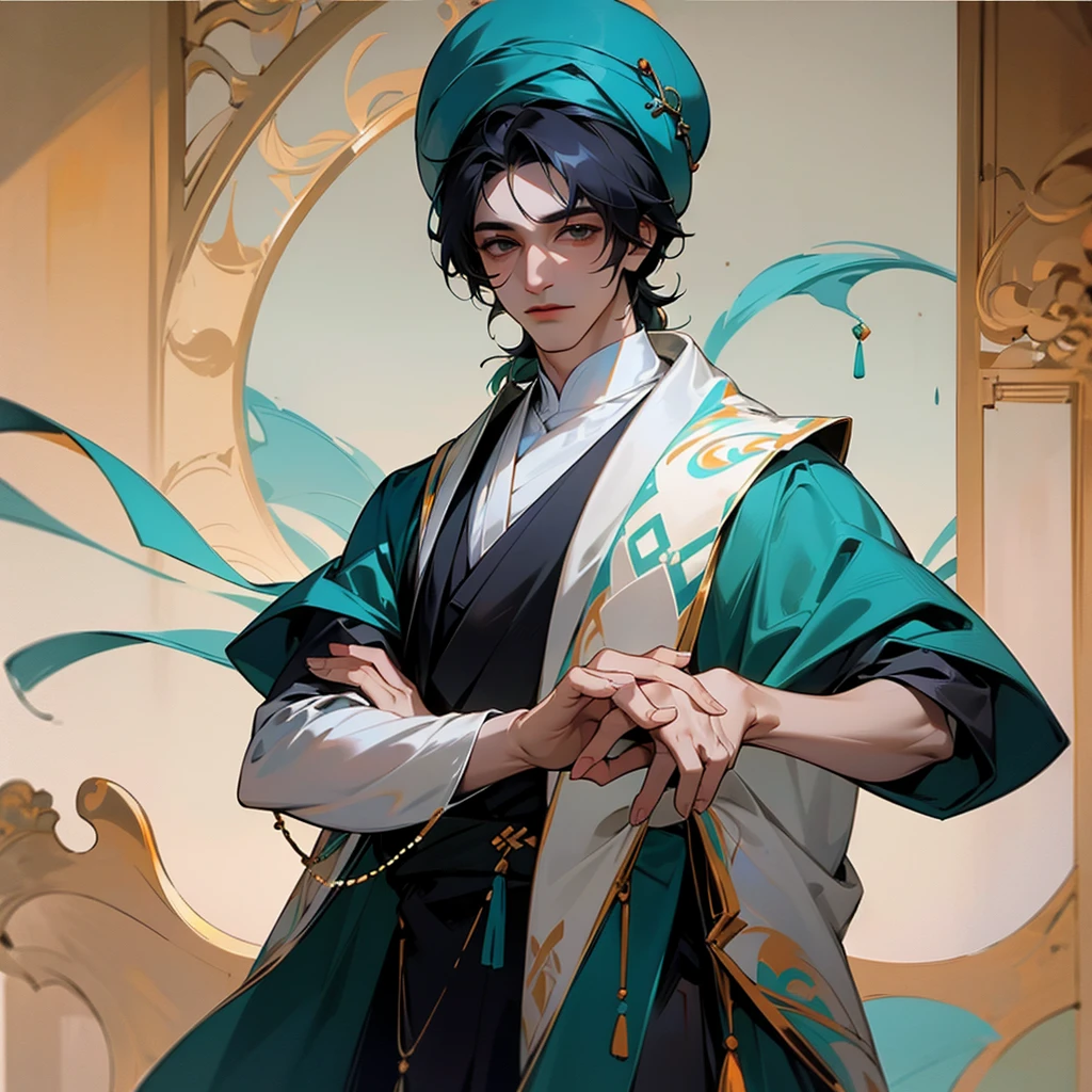 Sheet model of the character of Saadi, who is an Iranian male poet, and the colors of his clothes should be Iranian colors in ancient Iran