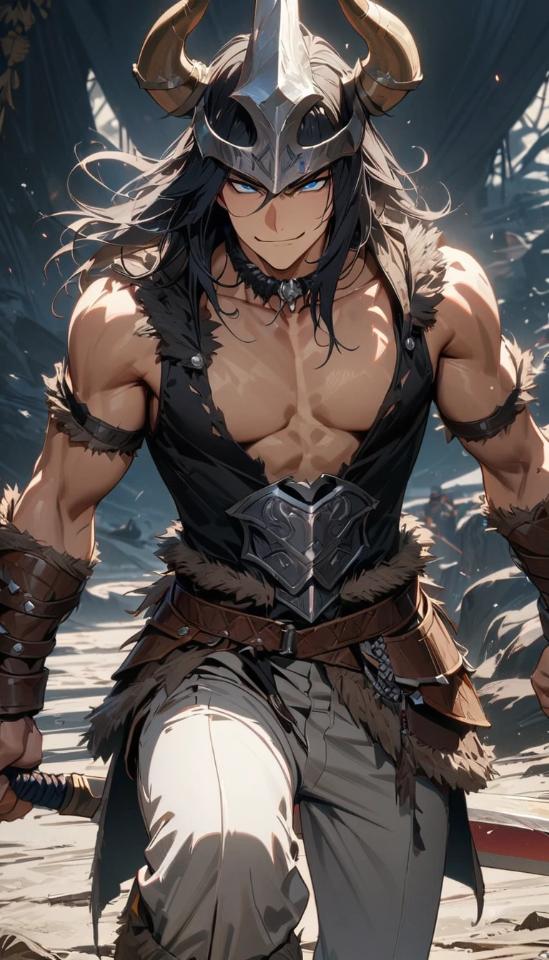 Young boy, long black hair, blue eyes, smirk, big sword, white pants, horn helmet, armor, sleeveless, open chest, barbarian, barbarian king, Masterpiece, best quality, Full HD, 8k, ultra details, great graphic