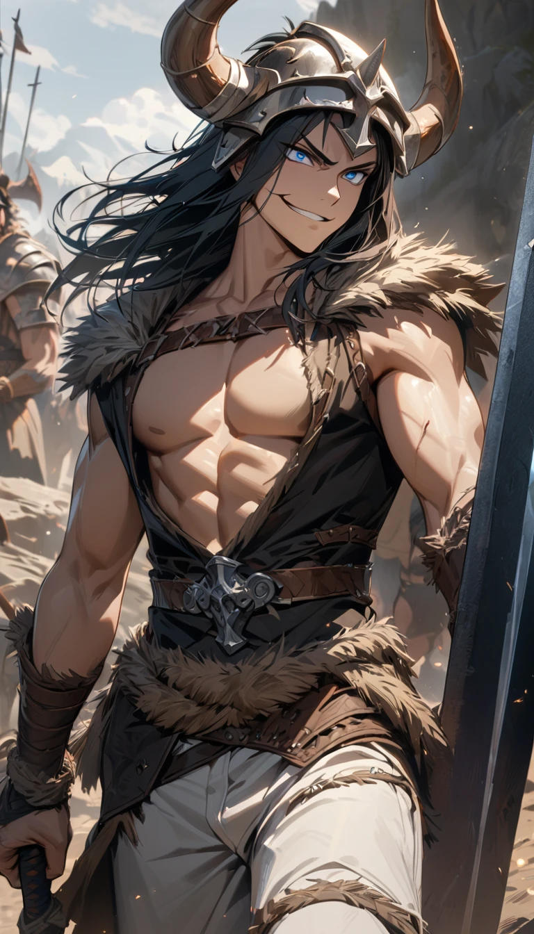  boy, long black hair, blue eyes, smirk, big sword, white pants, horn helmet, armor, sleeveless, open chest, barbarian, barbarian king, Masterpiece, best quality, Full HD, 8k, ultra details, great graphic