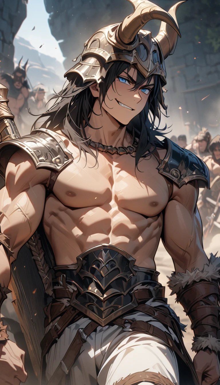 Young boy, long black hair, blue eyes, smirk, big sword, white pants, horn helmet, armor, sleeveless, open chest, barbarian, barbarian king, Masterpiece, best quality, Full HD, 8k, ultra details, great graphic