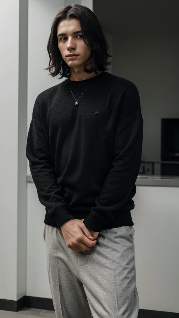 young man wearing a black sweater, medium hair ,RAW(potrait),((ultra realistis))8k