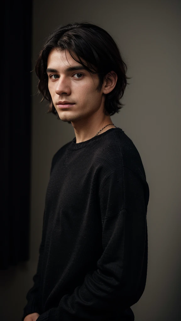 young man wearing a black sweater, medium hair ,RAW(potrait),((ultra realistis))8k