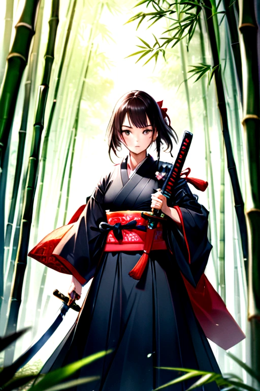 Raw photo of one female samurai, standing in a fighting stance, with a sword drawn from a scabbard in her hands, ready for battle, in full samurai attire (kimono) (wind in a bamboo forest), (the wind lifted the leaves up), a cut on her shoulder ( high skin detail: 1.2), 8k uhd, SLR camera, soft lighting, high quality, film grain, Fujifilm XT3