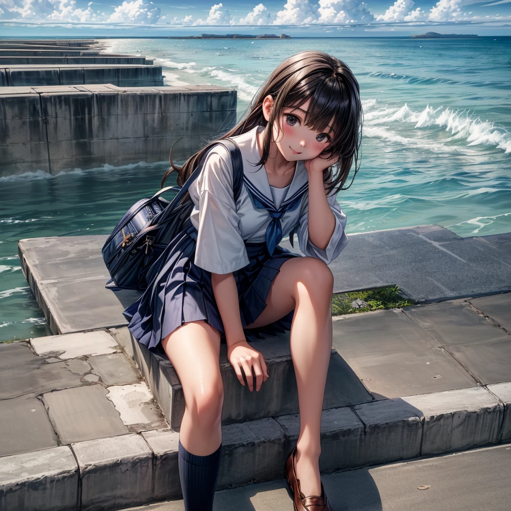 ((最high quality, 8K, masterpiece: 1.3, Ultra HD, high quality, 最high quality, High resolution, realism)) 、Very beautiful 18 year old Japanese schoolgirl、I'm wearing a sailor suit、Wearing a navy blue pleated skirt、Wear loafers、Hair is light brown、black eye、Medium Hair、Straight hair、smile、sit on a high breakwater on the beach、The blue sky is beautiful、There is a road in front of the breakwater..、The sea is beautiful、Beautiful horizon、 An island is visible offshore、Entering the clouds above the horizon、Island Lighthouse