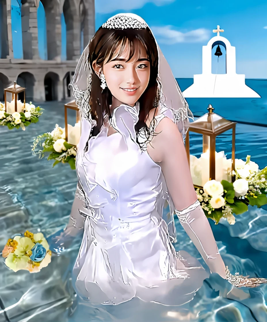 There is a woman in a wedding dress in the water, realistic Young Gravure Idol, aya takano, Young and cute gravure idol, Young Gravure Idol, Chiho Aoshima, Japanese Goddess, realistic sensual gravure idol, ayami kojima amano, Yuki Morita, Akiko Takase, Inspired by Yuko Tatsushima