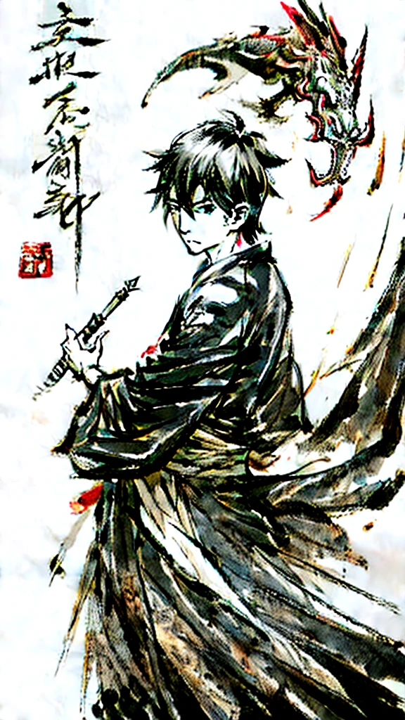 Ink painting of a male calligrapher in samurai style　On its back is a powerful Japanese dragon ink painting　Ink droplets