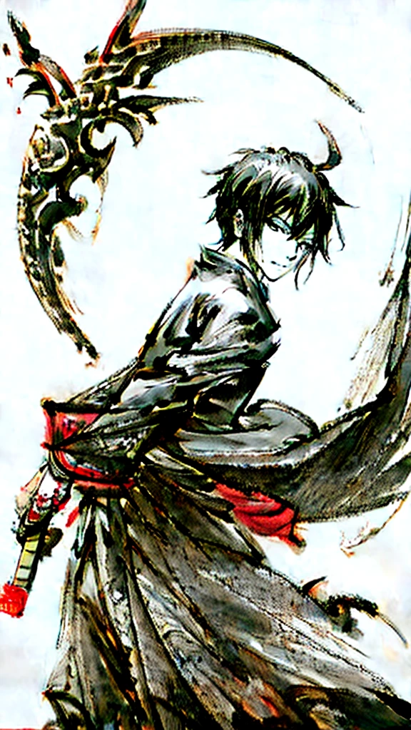 Ink painting of a male calligrapher in samurai style　On its back is a powerful Japanese dragon ink painting　Ink droplets