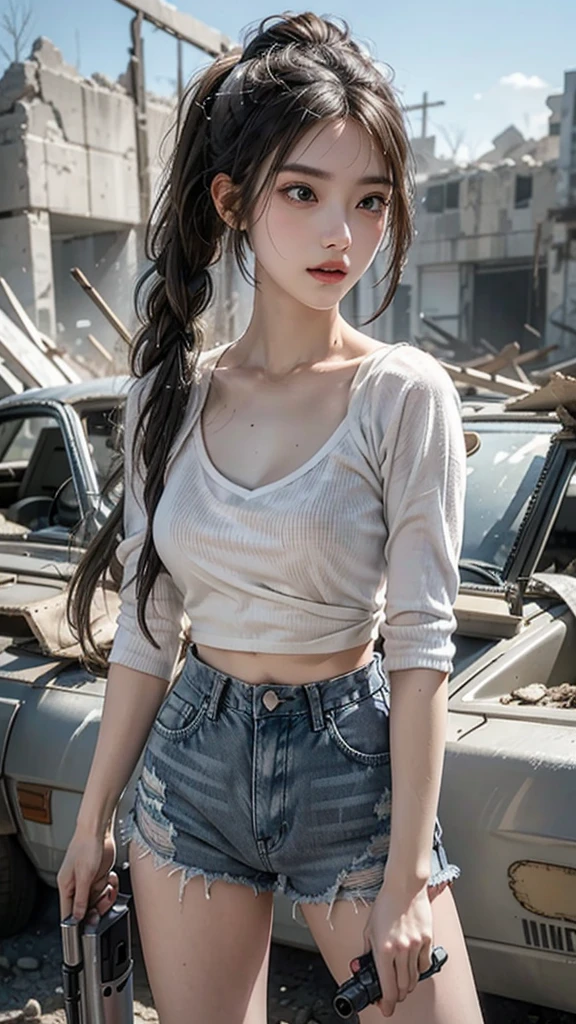 A man wearing a gray and white plaid fleece shirt,White tube top,Denim shorts,Off-white sneakers,Close-up of a girl with two pigtails holding a gun in the ruins of a battlefield,Indeed close-up