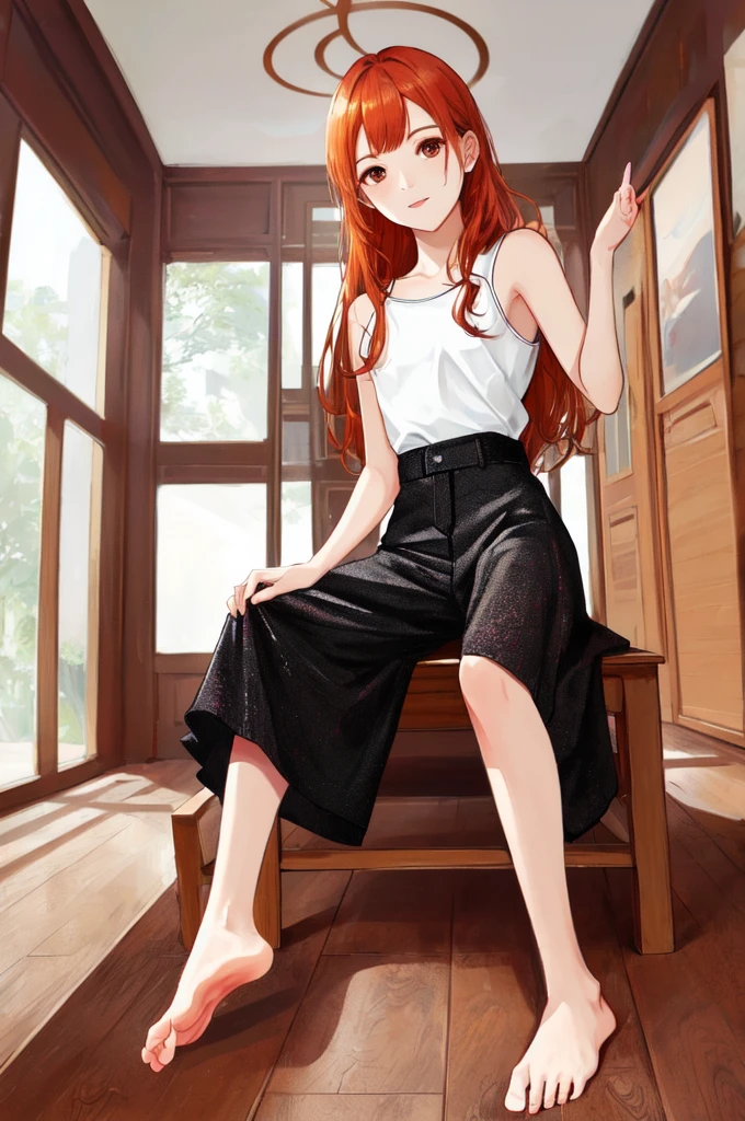 feet, soles, indoors,, masterpiece, best quality, absurdres, highres, 4k, ray tracing, intricate details, highly detailed, (1 asian mom :perfect face, cute, small breasts, long ginger hair, petite)