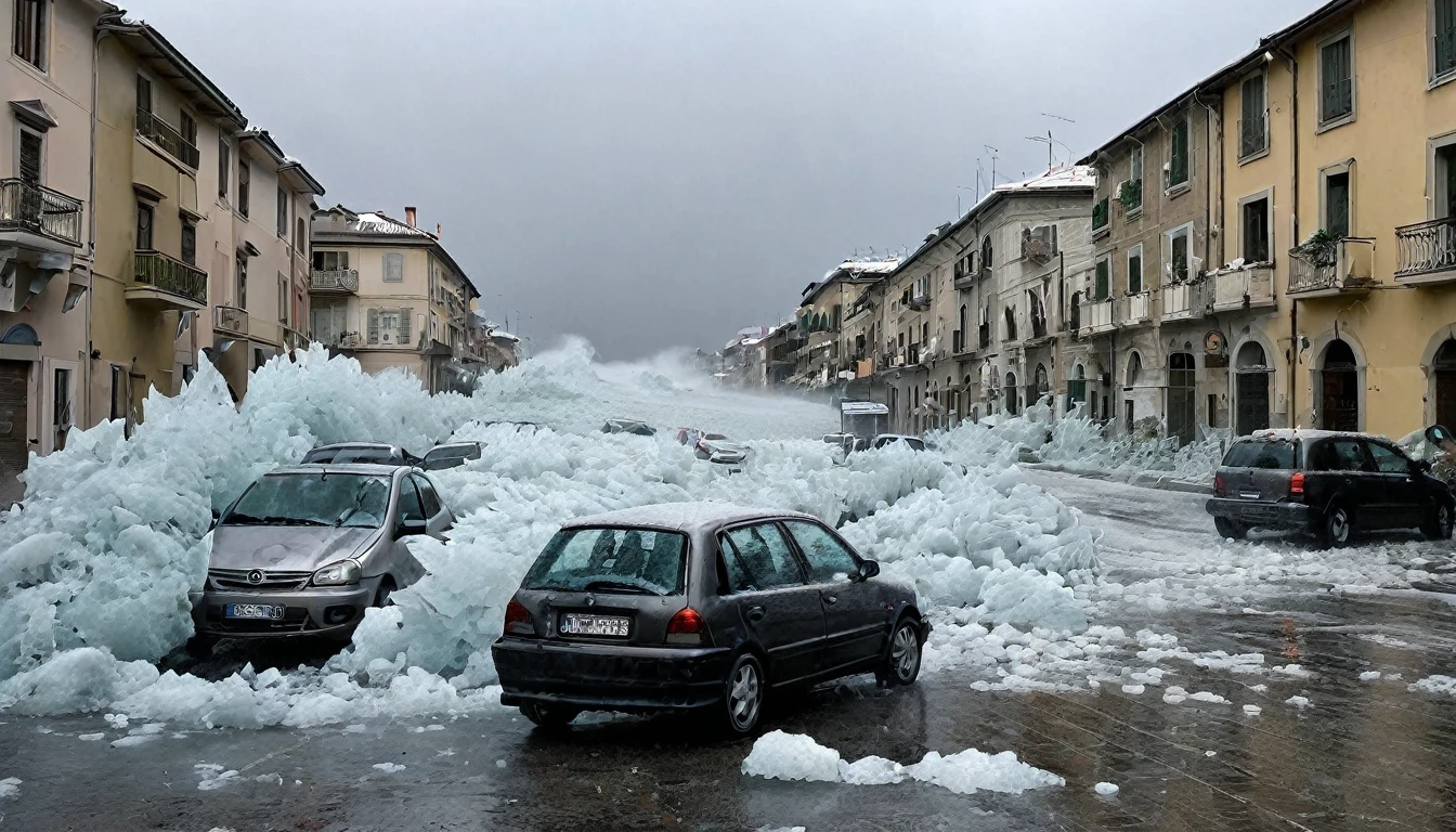 whoa, dramatic image depicts a chaos scenario. Hail of ice with strong winds falls on a street in Alexandria, Italy, caused mountains of ice, destroying house roofs and car windows.