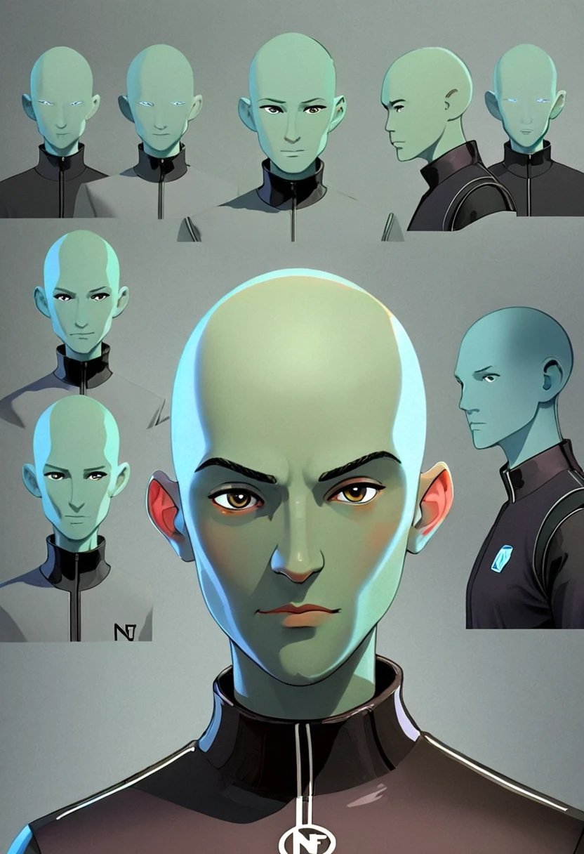 1 futuristic bald man, flat American, without any facial features, it seems that his face is lined with a type of texture, (ntf image), digital human, Character Design The character should be simple to draw, but should have distinctive and memorable features that help to make him stand out. Please generate a variety of poses and expressions for the character, and feel free to experiment with different clothing designs or accessories to help further develop his personality and style.