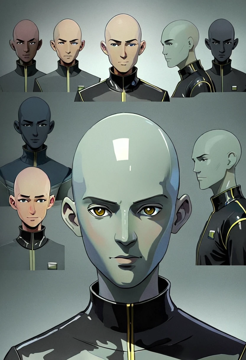 1 futuristic bald man, flat American, without any facial features, it seems that his face is lined with a type of texture, (ntf image), digital human, Character Design The character should be simple to draw, but should have distinctive and memorable features that help to make him stand out. Please generate a variety of poses and expressions for the character, and feel free to experiment with different clothing designs or accessories to help further develop his personality and style.