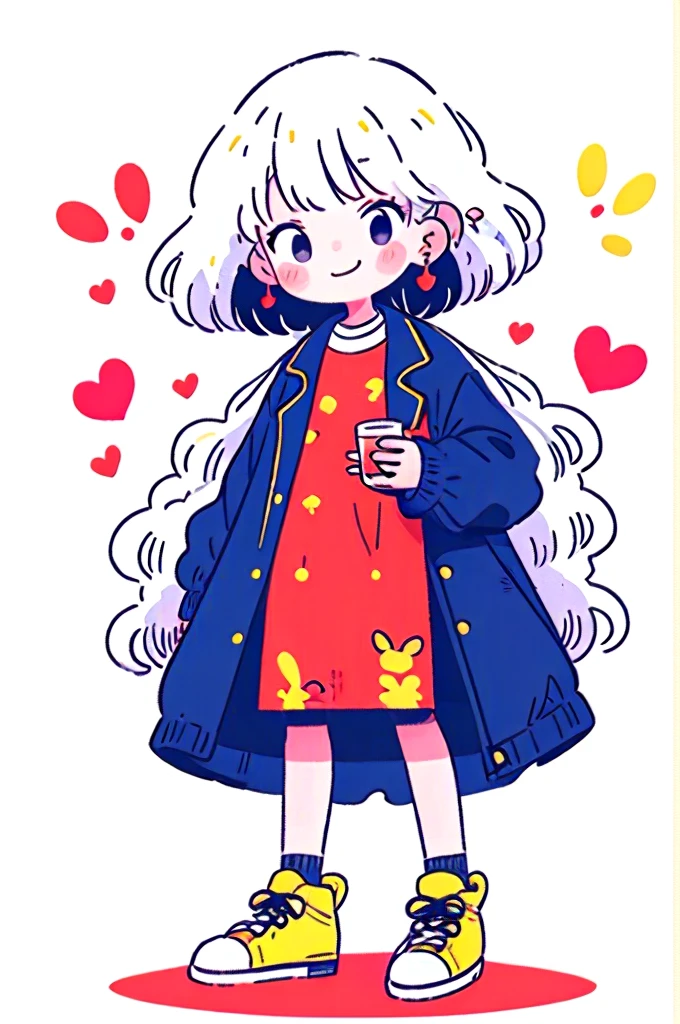 1girl, solo, yellow footwear, white hair, shoes, simple  background, red dress, simple background, blush, shadow, full body, dress, long sleeves, earrings, standing, jewelry, blue coat, looking at viewer, long hair, jacket, coat, coffee shop, coffee, A masterpiece, bestquality, Exquisite Face, slim, face lights, Cinematic lighting, Professional lighting, brightly colored, crisp focus, highres, shooting imaging, hyperrealistic, ultra-detail, sharp details, finely detail, half body portrait, kawaii, full entire body, Coffee brewing, coffee, smirk,