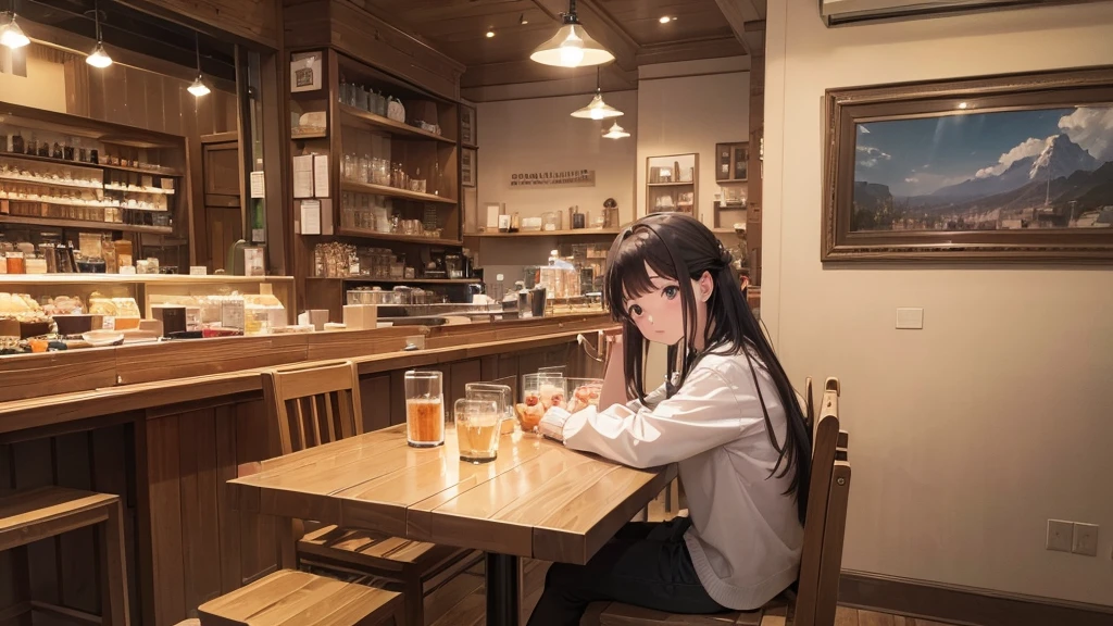 (8K、RAWE Photo、Highest quality、masterpiece:1.2)、Highest quality、Ultra-high resolution、Emotional Girls)Cafe、chill,Sitting in a chair,evening、Inside the store