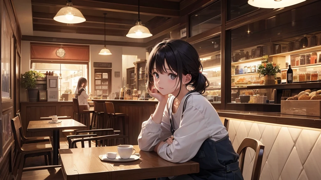 (8K、RAWE Photo、Highest quality、masterpiece:1.2)、Highest quality、Ultra-high resolution、Emotional Girls)Cafe、chill,Sitting in a chair,evening、Inside the store