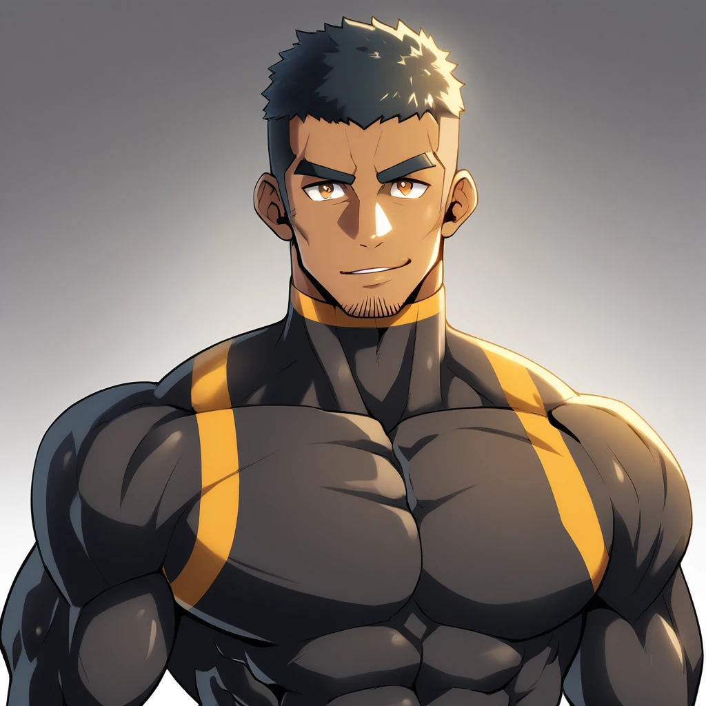 anime characters：Gyee, Muscle Sports Student, negro black skin, 1 dark skin muscular tough guy, Manliness, male focus, Brown long-sleeved high-neck fitness tights, Very tight, Round, full and perky chest muscles, Perfect waist line, Slightly transparent, muscular male, muscular, only, Upper body, alone, Black short hair, Thick eyebrows, stubble, Brown eyes, Grey background, simple background, amazing quality, best aesthetics, Ridiculous, bright pupils, crew cut, parted lips, seductive smile, torogao, naughty face, best quality