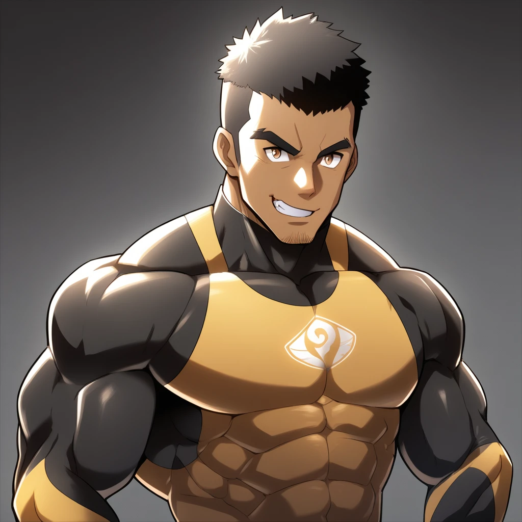 anime characters:Gyee, Muscle Sports Student, negro black skin, 1 dark skin muscular tough guy, Manliness, male focus, Brown long-sleeved high-neck fitness tights, Very tight, Round, full and perky chest muscles, Perfect waist line, Slightly transparent, muscular male, muscular, only, Upper body, alone, Black short hair, Thick eyebrows, stubble, Brown eyes, Grey background, simple background, amazing quality, best aesthetics, Ridiculous, bright pupils, crew cut, parted lips, seductive smile, torogao, naughty face, best quality