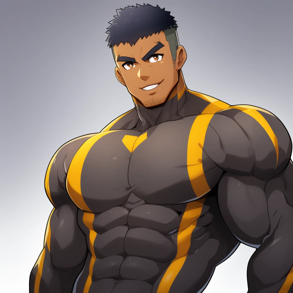 anime characters：Gyee, Muscle Sports Student, negro black skin, 1 dark skin muscular tough guy, Manliness, male focus, Brown long-sleeved high-neck fitness tights, Very tight, Round, full and perky chest muscles, Perfect waist line, Slightly transparent, muscular male, muscular, only, Upper body, alone, Black short hair, Thick eyebrows, stubble, Brown eyes, Grey background, simple background, amazing quality, best aesthetics, Ridiculous, bright pupils, crew cut, parted lips, seductive smile, torogao, naughty face, best quality