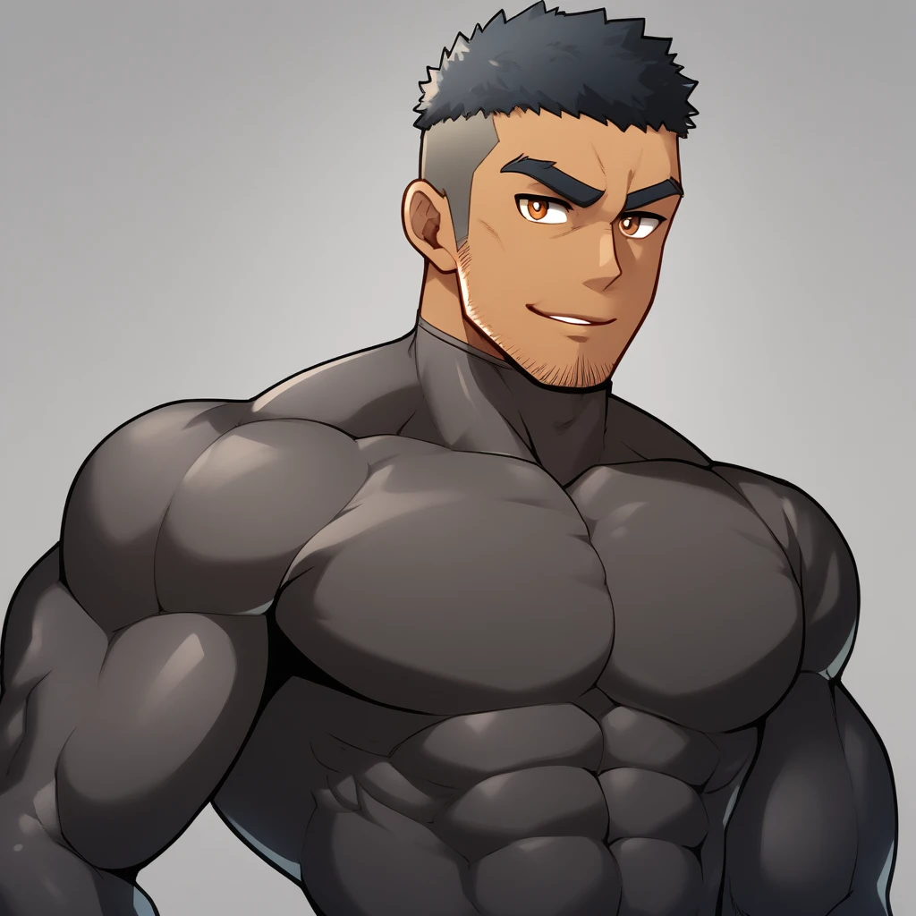 anime characters:Gyee, Muscle Sports Student, negro black skin, 1 dark skin muscular tough guy, Manliness, male focus, Brown long-sleeved high-neck fitness tights, Very tight, Round, full and perky chest muscles, Perfect waist line, Slightly transparent, muscular male, muscular, only, Upper body, alone, Black short hair, Thick eyebrows, stubble, Brown eyes, Grey background, simple background, amazing quality, best aesthetics, Ridiculous, bright pupils, crew cut, parted lips, seductive smile, torogao, naughty face, best quality