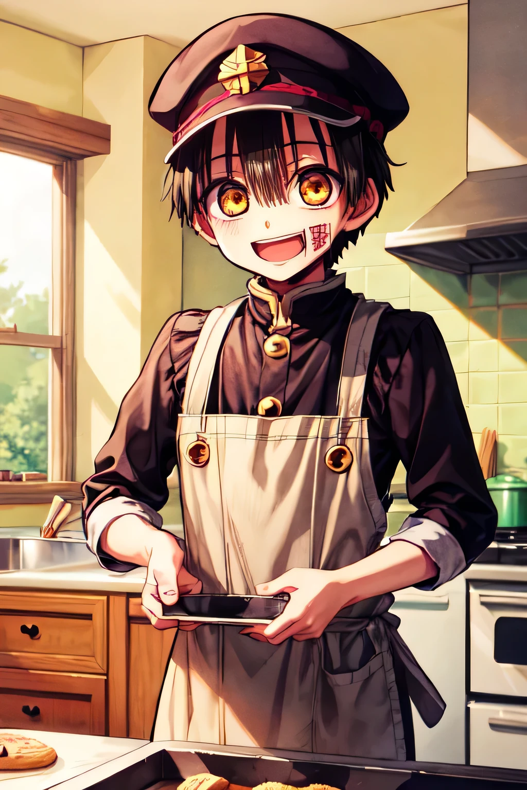 boy, solo, male focus, looking at viewer, baking in a kitchen, laughing excitedly, hanako-kun, black hair, yellow eyes