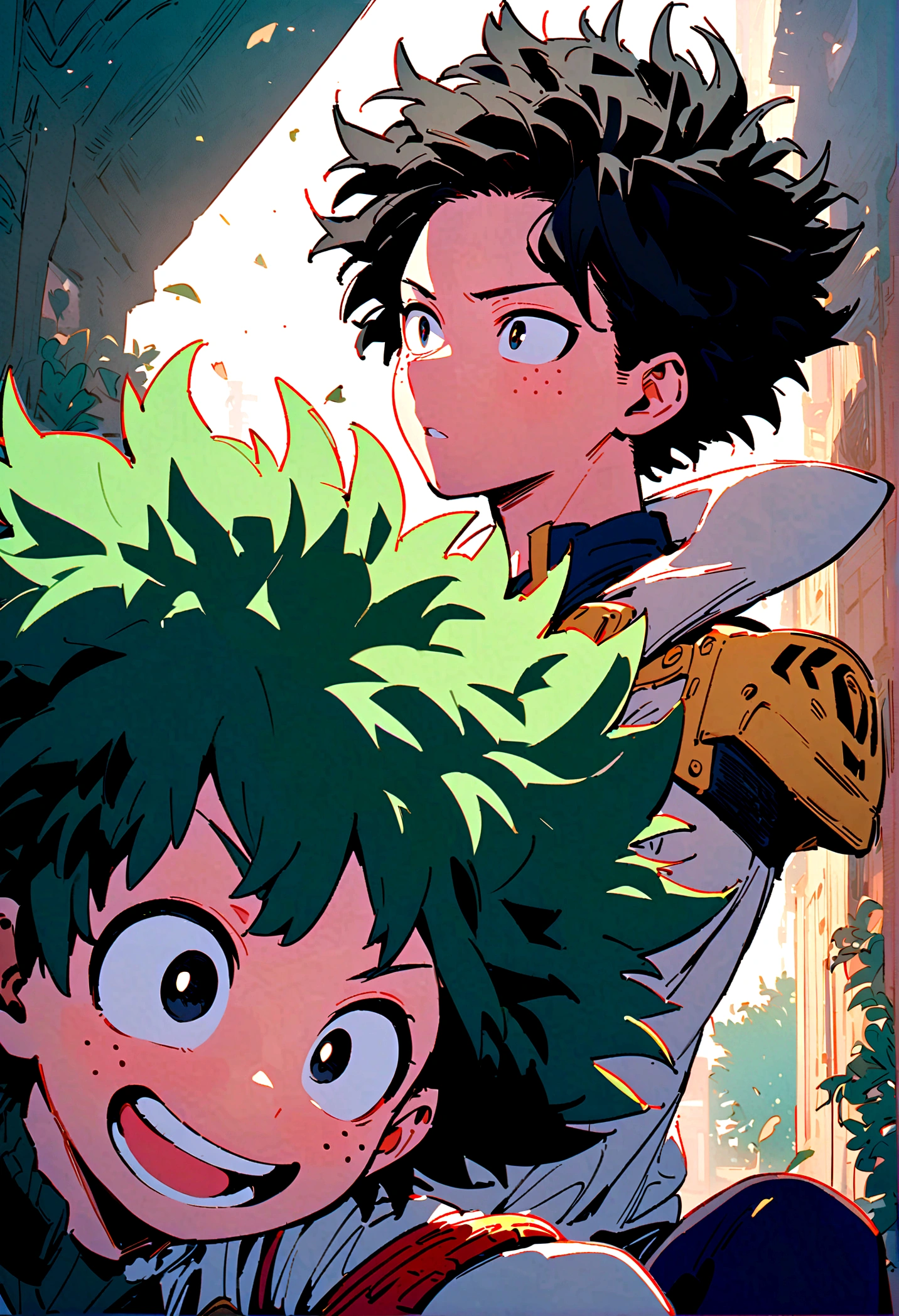 My hero academia, feminine male with curly black hair and black eyes with freckles with Izuku Midoriya 