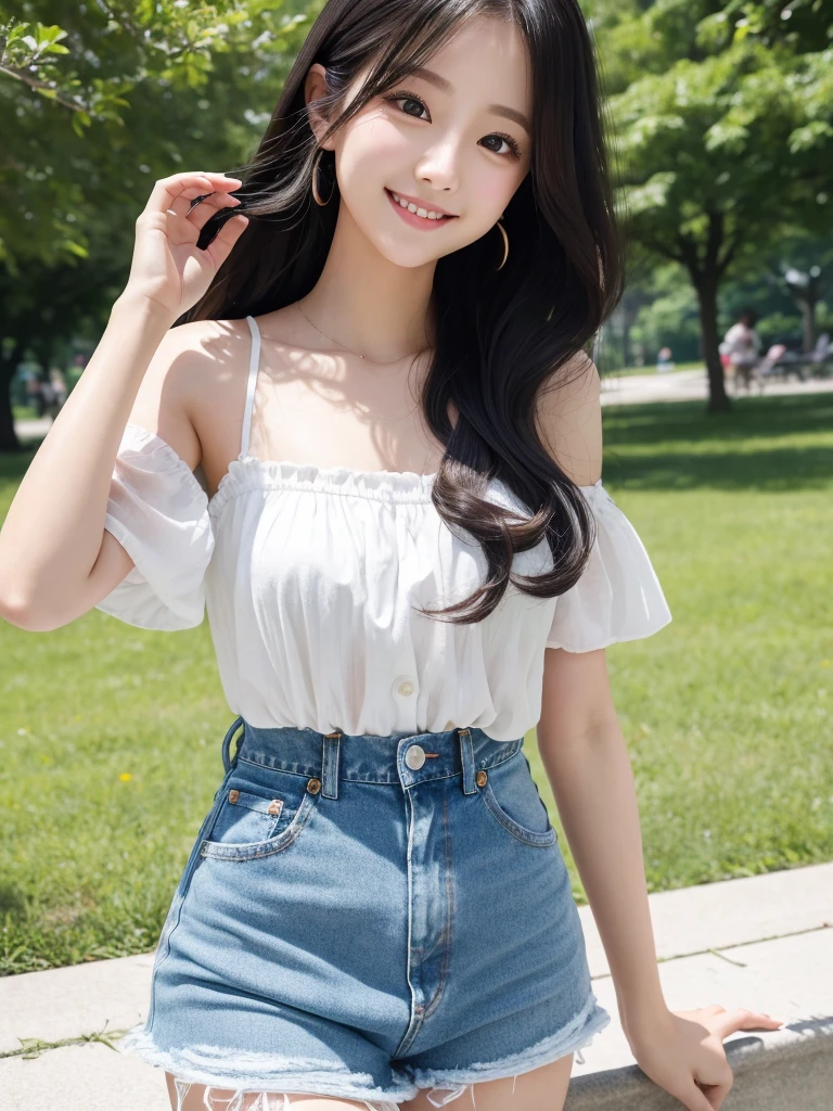 Ultra-high resolution、Japanese beauty、Long Black Hair、Curly Hair、Big eyes、cute、Beauty、Camisole with little white fabric、Shoulders stick out、Wearing denim shorts、smile、In the park