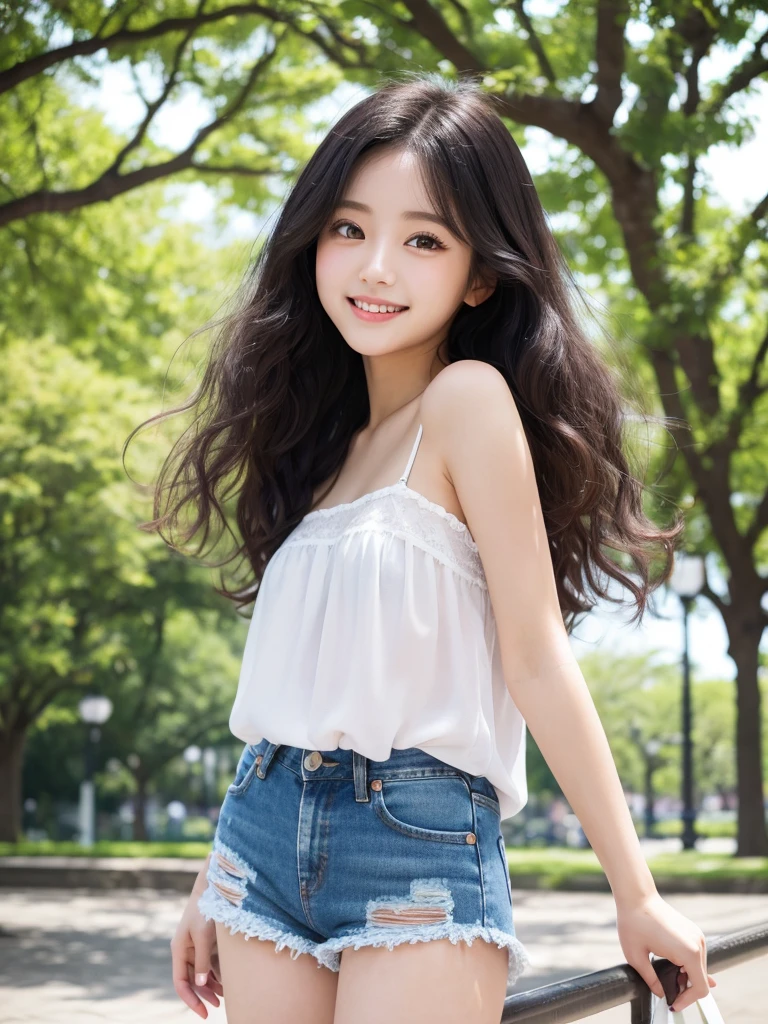 Ultra-high resolution、Japanese beauty、Long Black Hair、Curly Hair、Big eyes、cute、Beauty、Camisole with little white fabric、Shoulders stick out、Wearing denim shorts、smile、In the park