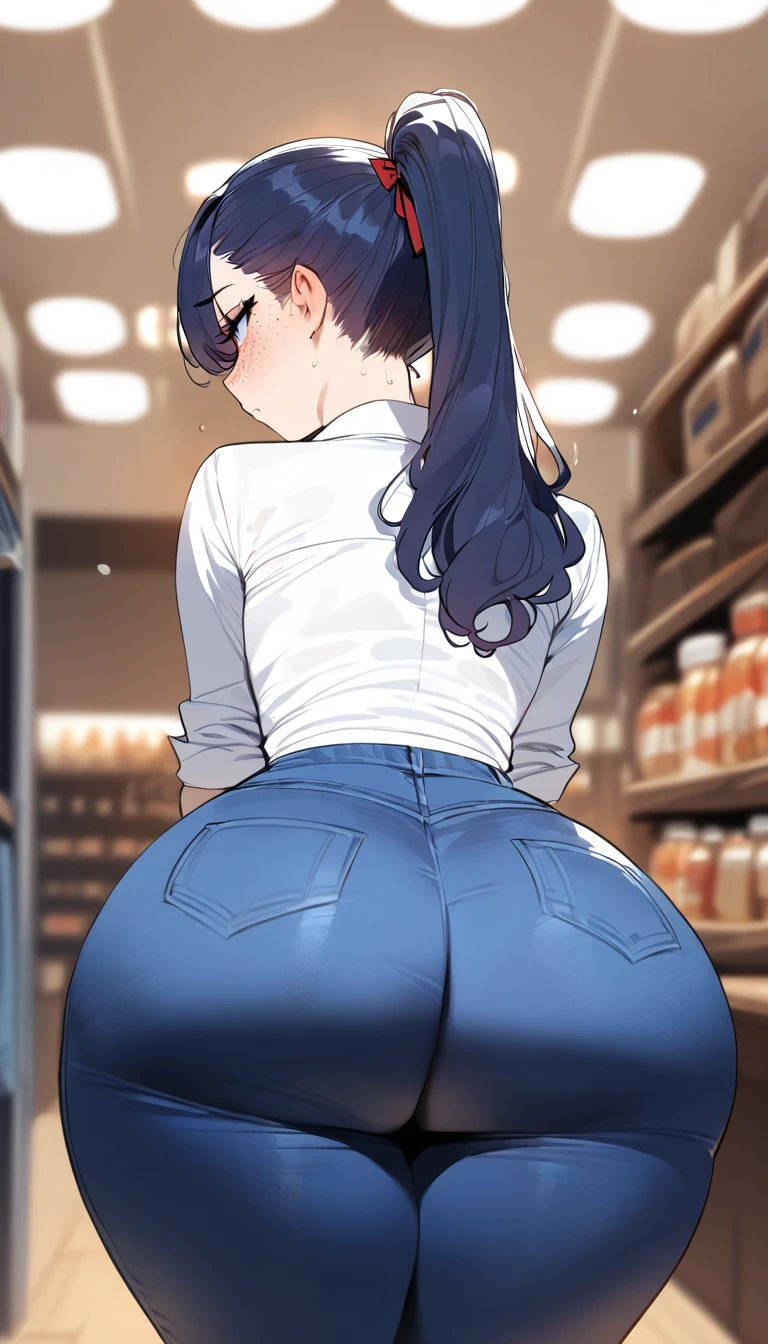 (best quality,masterpiece) thicc, 1 woman, small breasts, wide hips, thick thighs, shy, ponytail, dark blue hair, narrow waist, blue jeans, white shirt,blue eyes,anxious,sweating, nervous,backview, looking at the camera, big fat ass, red ribbon, moles, freckles
