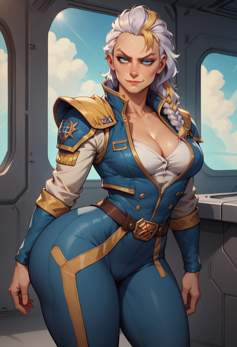 score_9, score_8_up, score_7_up, score_6_up, BREAK Jaina Proudmoore, Sci-fi outfit, cleavage, medium breasts, seductive smirk,sweating, wide hips, big ass, on a spaceship, in space