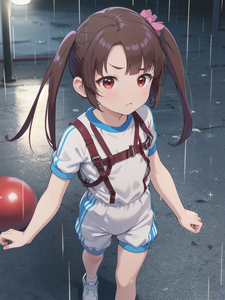 Outdoor,night,rain,1girl,{{{{Red harness}}}},Look Up,{{{Rope climbing}}},A view from above,Watching the audience,,White square bib number,Gym suit,Blue Bloomers,Red eyes,Long twin tails,Brown Hair,Eyebrows visible through hair,Flat Chest,,Focus on face,Straight face