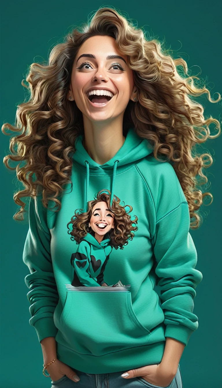 Created a full-body caricature image in high resolution, the character is a 30 year old woman, wears a turquoise green sweatshirt without print, long curly hair, the woman is looking up and happy