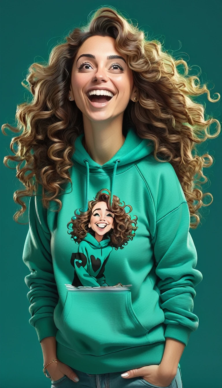 Created a full-body caricature image in high resolution, the character is a 30 year old woman, wears a turquoise green sweatshirt without print, long curly hair, the woman is looking up and happy