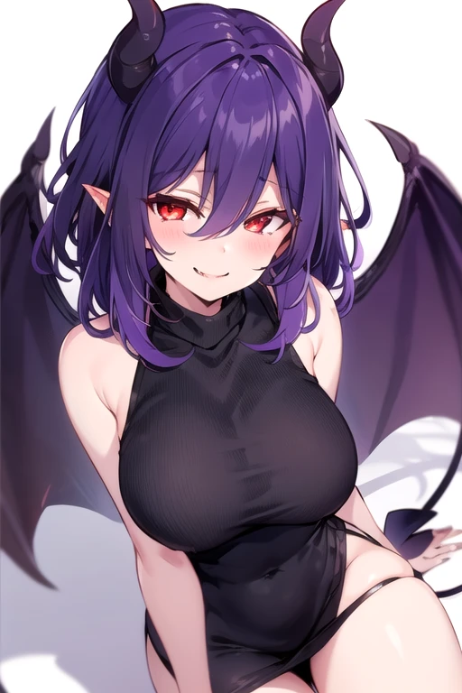 Vermilion,1 girl,alone,old,dress,Red eyes,large old,demon girl,looking at the viewer,short dress,turtleneck,sleeveless,bare shoulders,black dress,hair between the eyes,virgin killer sweater,multicolor fur,faded hair,evil smile,(purple hair:1.2),simple background,