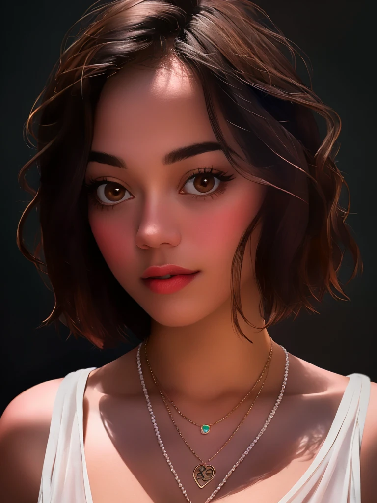 A beautiful 0l1v14c woman, 1girl,solo,looking at viewer,short hair,simple background,brown hair,brown eyes,jewelry,necklace,lips,portrait,realistic,soft lighting, professional Photography, Photorealistic, detailed, RAW, analog, sharp focus, 8k, HD, high quality, masterpiece