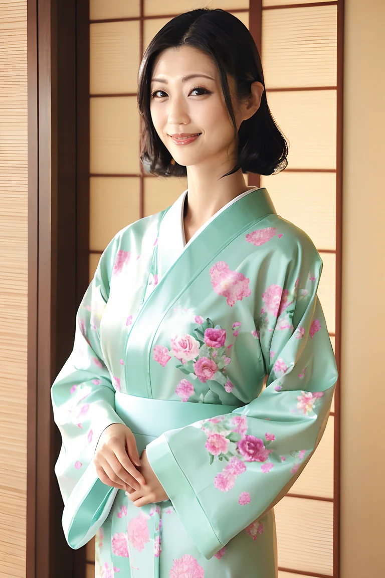(最high quality、Tabletop、8K、Best image quality、Award-winning works)、(一人のbeautiful成熟した女性:1.1)、Adult face、(Innkeeper:1.1)、(Elegant floral kimono:1.2)、(A kimono with a perfect and precise collar:1.2)、Perfect mature woman portrait photo、Glowing Skin、Standing Elegantly、(Blurred elegant and exquisite perfect Japanese style room background:1.3)、(The most natural and perfect tidy Japanese style room background:1.2)、Glowing White Skin、Very white skin、(Accentuate your body lines:1.1)、(The most graceful posture:1.2)、(Large Breasts:1.2)、A perfect smile、完璧なbeautiful光沢のある唇、(Accurate anatomy:1.2)、(A perfect and elegant outfit:1.1)、(Standing with good posture:1.1)、(beautiful, high quality, Large kimono obi:1.2)、(Long kimono:1.2)、(完璧で自然なbeautiful袖:1.2)、(完璧で自然なbeautiful衿:1.2)、(完璧で自然なbeautiful衽:1.2)、(完璧で自然なbeautiful袂:1.2)、(完璧で自然なbeautiful帯締め:1.2)