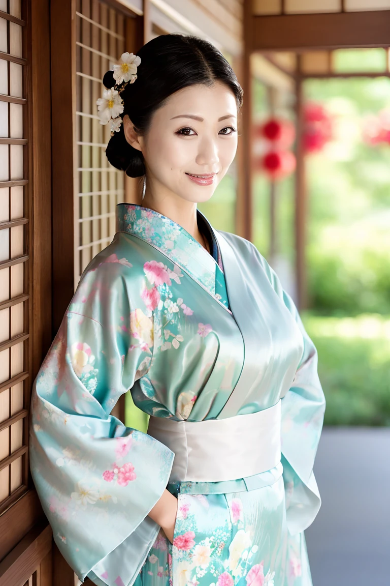 (最high quality、Tabletop、8K、Best image quality、Award-winning works)、(一人のbeautiful成熟した女性:1.1)、Adult face、(Innkeeper:1.1)、(Elegant floral kimono:1.2)、(A kimono with a perfect and precise collar:1.2)、Perfect mature woman portrait photo、Glowing Skin、Standing Elegantly、(Blurred elegant and exquisite perfect Japanese style room background:1.3)、(The most natural and perfect tidy Japanese style room background:1.2)、Glowing White Skin、Very white skin、(Accentuate your body lines:1.1)、(The most graceful posture:1.2)、(Large Breasts:1.2)、A perfect smile、完璧なbeautiful光沢のある唇、(Accurate anatomy:1.2)、(A perfect and elegant outfit:1.1)、(Standing with good posture:1.1)、(beautiful, high quality, Large kimono obi:1.2)、(Long kimono:1.2)、(完璧で自然なbeautiful袖:1.2)、(完璧で自然なbeautiful衿:1.2)、(完璧で自然なbeautiful衽:1.2)、(完璧で自然なbeautiful袂:1.2)、(完璧で自然なbeautiful帯締め:1.2)