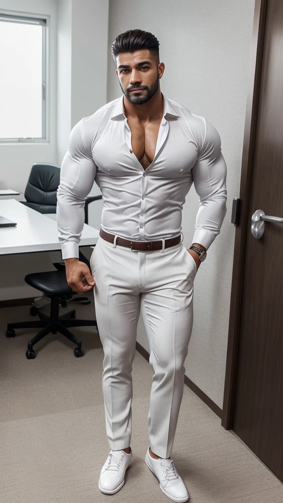 Latino beared muscle hunk, with big muscled chest, arms, triceps, biceps, wrist, in white formal shirt, grey formal pant, brown formal shoes, white formal shoes, sexy hairstyle, handsome face, standing in office, full body, top to bottom, dimple in his face, full body view, see with attitude, open shirt showing chest