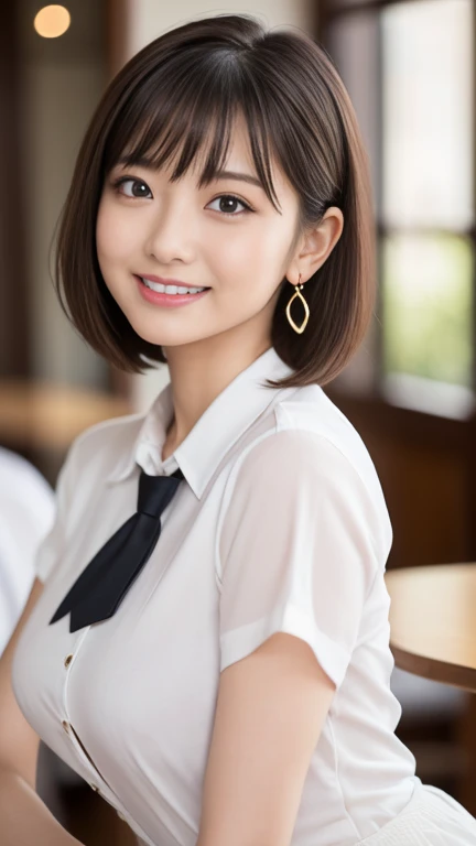 （masterpiece）、(Highest quality:1.5)、(Photorealistic:1.2)、(Surreal), (High resolution), (Realistic), (Post-processing),(Sharp focus), Sharp focus:1.2,Backlight, (Improvement of quality:1.4), (Narrow waist)、Big Ass、((Perfectly detailed five-fingered hands)),（Anatomically correct body）、((1 female:1.4))、Japanese、Realistic Skin、（Small chest：1.4）、Bust size is A cup、Pretty woman with perfect figure:1.4,(from the front:1.5), (Enhances the beauty of skin texture:1.1),No makeup、美しいBlack Hair、The best smile、Natural color lip、(Small Mouth:1.4)、The mouth is not open、Thick lips、(Oval Face)、Even bangs、Hide eyebrows with bangs、((33-year-old woman))、Bob Hair、Hair blowing in the wind, (Black Hair, Iris, Watery eyes, Shining Eyes, Bob Cut Hair, Small earrings,), Hair behind the ear、No makeup、(Drooping eyes)、(((One lovely woman)),((A big friendly smile)),(( Small breasts,Small breastsの谷間)),((((Plump Cheeks)))),((whole body：1.５)),very cute,(Baby Face),高級restaurantで、full-course dinner、Wine Party、Bright image、The beauty of wine, Beautiful Face, red wine 、Appetizers、Italian food、Wine bottle、Champagne、sparkling wine、(slimな顔), (The body is slim),restaurant, White wine, slim, wine glass, 中央に置かれたwine glass, Beautiful fine grain, Depth f/2,saturation, High Contrast, Strong light and shadow,Moist Body:1.5、3D texture、Delicate eyes、((In front of the food on the table：1.5)）、White collar shirt and tie、erious expression
