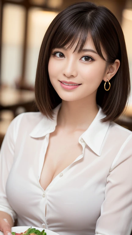 (masterpiece)、(Highest quality:1.5)、(Photorealistic:1.2)、(Surreal), (High resolution), (Realistic), (Post-processing),(Sharp focus), Sharp focus:1.2,Backlight, (Improvement of quality:1.4), (Narrow waist)、Big Ass、((Perfectly detailed five-fingered hands)),(Anatomically correct body)、((1 female:1.4))、Japanese、Realistic Skin、(Small chest:1.4)、Bust size is A cup、Pretty woman with perfect figure:1.4,(from the front:1.5), (Enhances the beauty of skin texture:1.1),No makeup、美しいBlack Hair、The best smile、Natural color lip、(Small Mouth:1.4)、The mouth is not open、Thick lips、(Oval Face)、Even bangs、Hide eyebrows with bangs、((33-year-old woman))、Bob Hair、Hair blowing in the wind, (Black Hair, Iris, Watery eyes, Shining Eyes, Bob Cut Hair, Small earrings,), Hair behind the ear、No makeup、(Drooping eyes)、(((One lovely woman)),((A big friendly smile)),(( Small breasts,Small breastsの谷間)),((((Plump Cheeks)))),((whole body:1.5)),very cute,(Baby Face),高級restaurantで、full-course dinner、Wine Party、Bright image、The beauty of wine, Beautiful Face, red wine 、Appetizers、Italian food、Wine bottle、Champagne、sparkling wine、(slimな顔), (The body is slim),restaurant, White wine, slim, wine glass, 中央に置かれたwine glass, Beautiful fine grain, Depth f/2,saturation, High Contrast, Strong light and shadow,Moist Body:1.5、3D texture、Delicate eyes、((In front of the food on the table:1.5))、White collar shirt and tie、erious expression