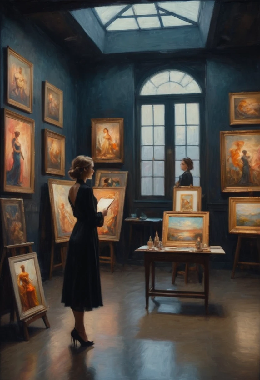 Long shot of an elegant woman looking at paintings in an dark art studio with skylight, room full of paintings, full body shot, art by J.C. Leyendecker, Canon 5d Mark 4, Kodak Ektar, neon light, painting