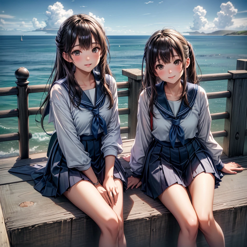 ((最high quality, 8K, masterpiece: 1.3, Ultra HD, high quality, 最high quality, High resolution, realism)) 、Very beautiful 18 year old Japanese schoolgirl、I'm wearing a sailor suit、Wearing a navy blue pleated skirt、Wear loafers、Hair  is light brown、black eye、Medium Hair、Straight hair、smile、sit on a high breakwater on the beach、The blue sky is beautiful、There is a road in front of the breakwater..、The sea is beautiful、Beautiful horizon、 An island is visible offshore、Entering the clouds above the horizon、Island Lighthouse
